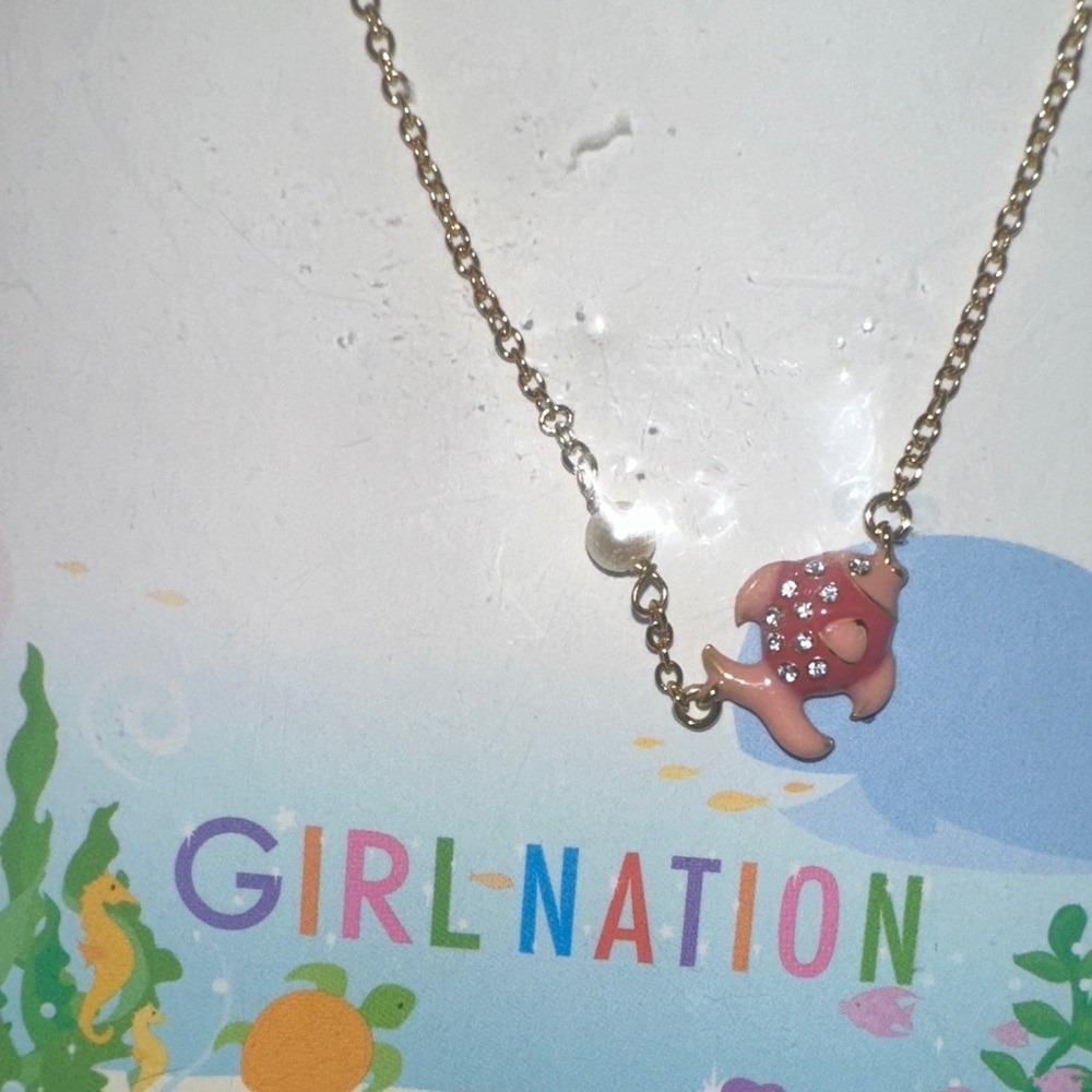 Girl Nation 14K Gold Plated Pink Enamel Fish Crystal Necklace Hypoallergenic